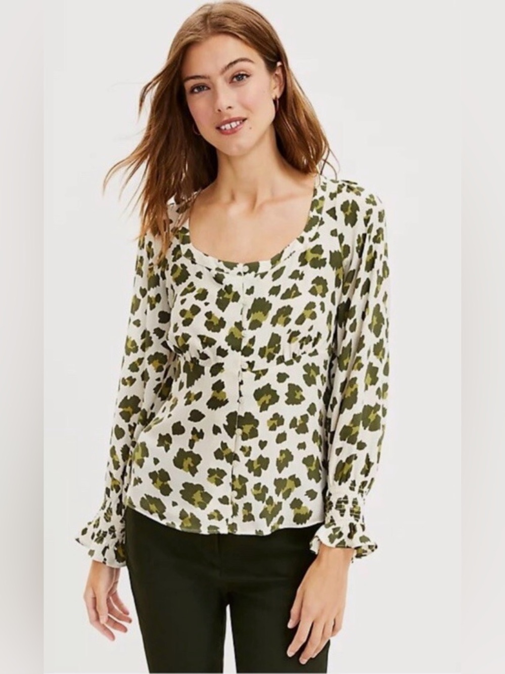 New! LOFT Blouse Ivory & Green Cheetah Print Smocked Cuff Square Neck Med-Petite